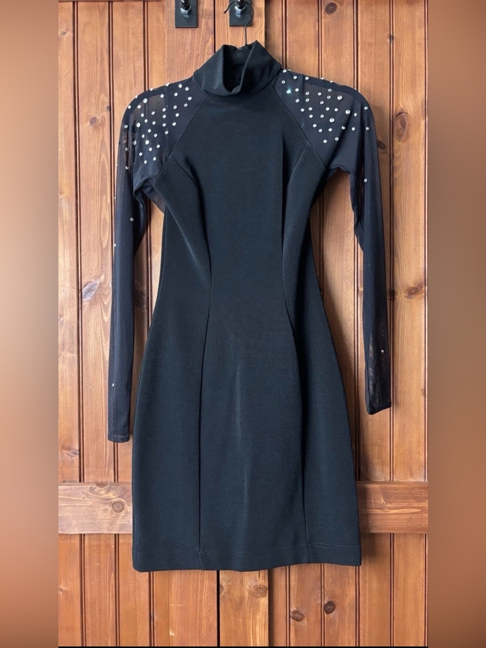 Vintage Lillie Rubin x Tadashi Black Studded Mesh Sleeved Cocktail Dress Size S